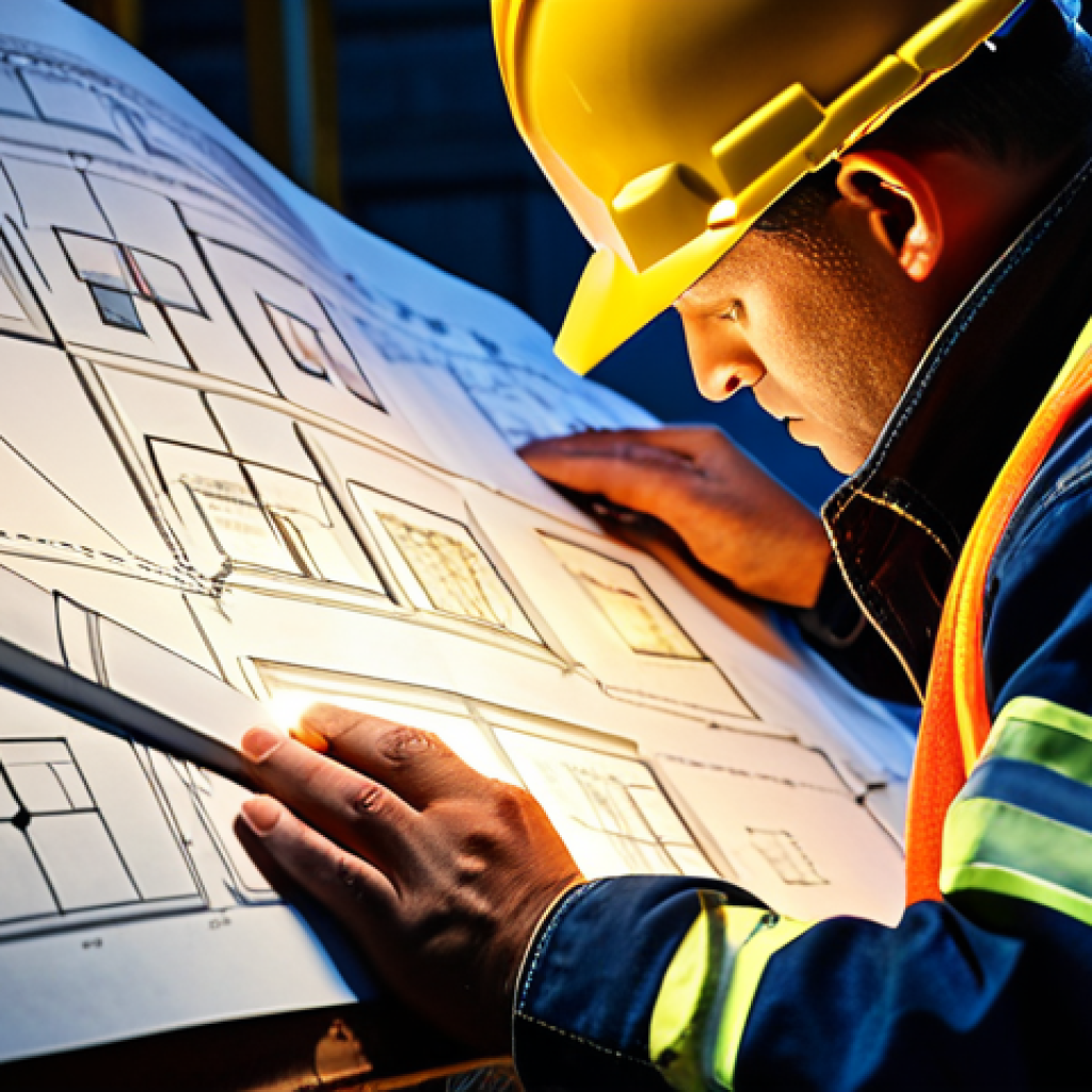 **Image Prompt:** A construction worker intensely studying a complex architectural blueprint, illuminated by a construction site light. The blueprint is filled with symbols and annotations, with close-up details highlighting specific structural elements. The overall style is realistic, conveying the sense of technical expertise and attention to detail required in construction.