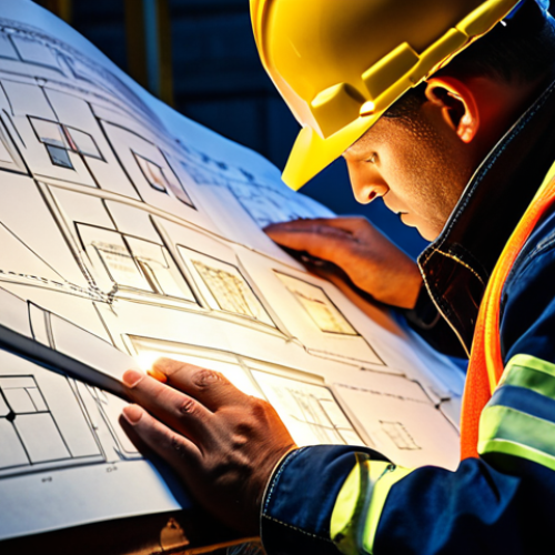 **Image Prompt:** A construction worker intensely studying a complex architectural blueprint, illuminated by a construction site light. The blueprint is filled with symbols and annotations, with close-up details highlighting specific structural elements. The overall style is realistic, conveying the sense of technical expertise and attention to detail required in construction.