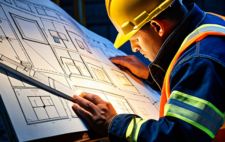 **Image Prompt:** A construction worker intensely studying a complex architectural blueprint, illuminated by a construction site light. The blueprint is filled with symbols and annotations, with close-up details highlighting specific structural elements. The overall style is realistic, conveying the sense of technical expertise and attention to detail required in construction.