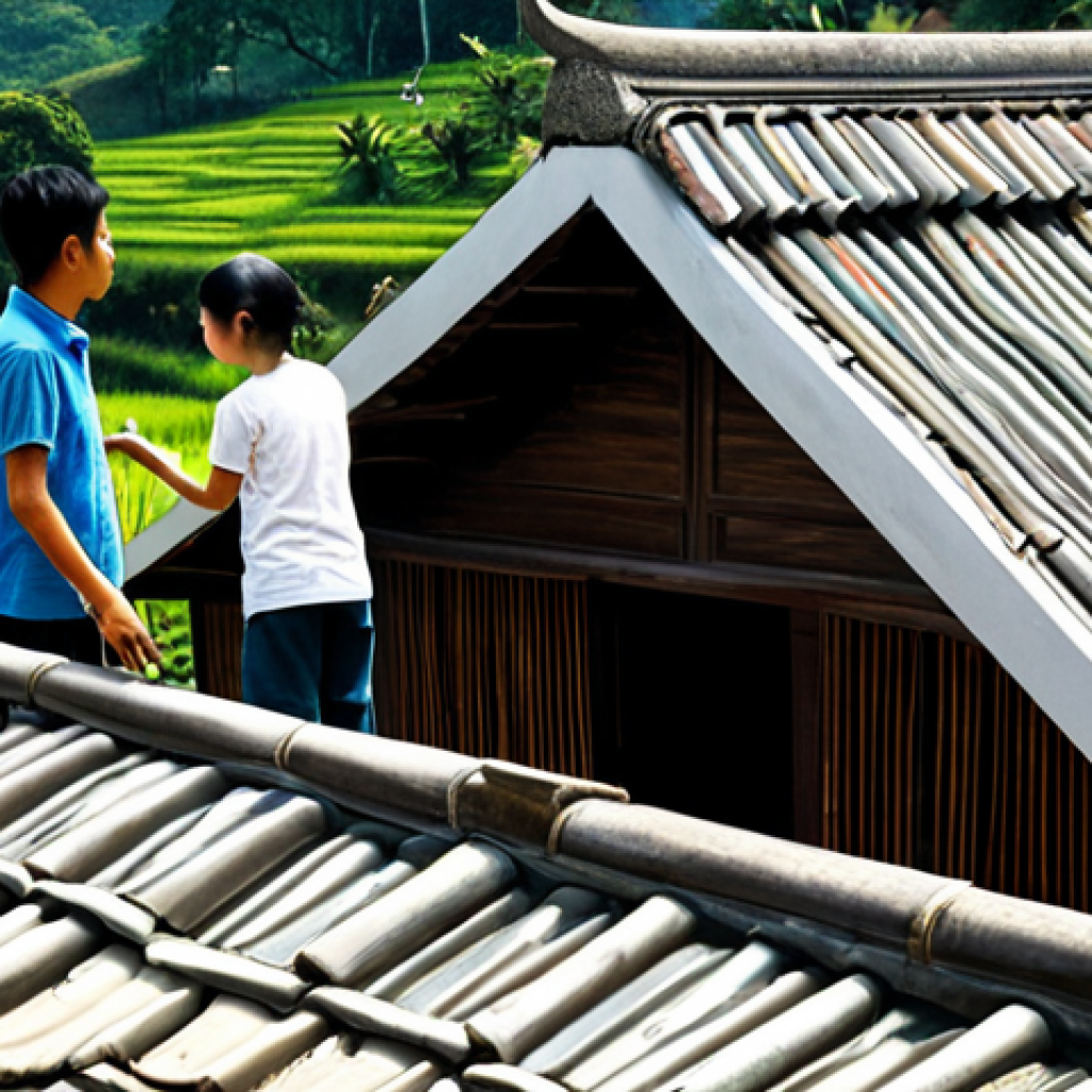 **Home Inspection Focus:** A Vietnamese family, fully clothed, inspecting the roof of their traditional house. Tiles are visible. Emphasis on safety and family-friendly activities. Bright daylight. Include: "safe for work," "appropriate content," "fully clothed," "professional," "modest," "family-friendly," "perfect anatomy," "correct proportions," "natural pose," "well-formed hands," "proper finger count," "natural body proportions."
