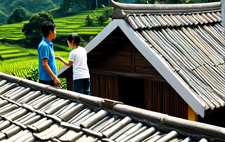 **Home Inspection Focus:** A Vietnamese family, fully clothed, inspecting the roof of their traditional house. Tiles are visible. Emphasis on safety and family-friendly activities. Bright daylight. Include: "safe for work," "appropriate content," "fully clothed," "professional," "modest," "family-friendly," "perfect anatomy," "correct proportions," "natural pose," "well-formed hands," "proper finger count," "natural body proportions."