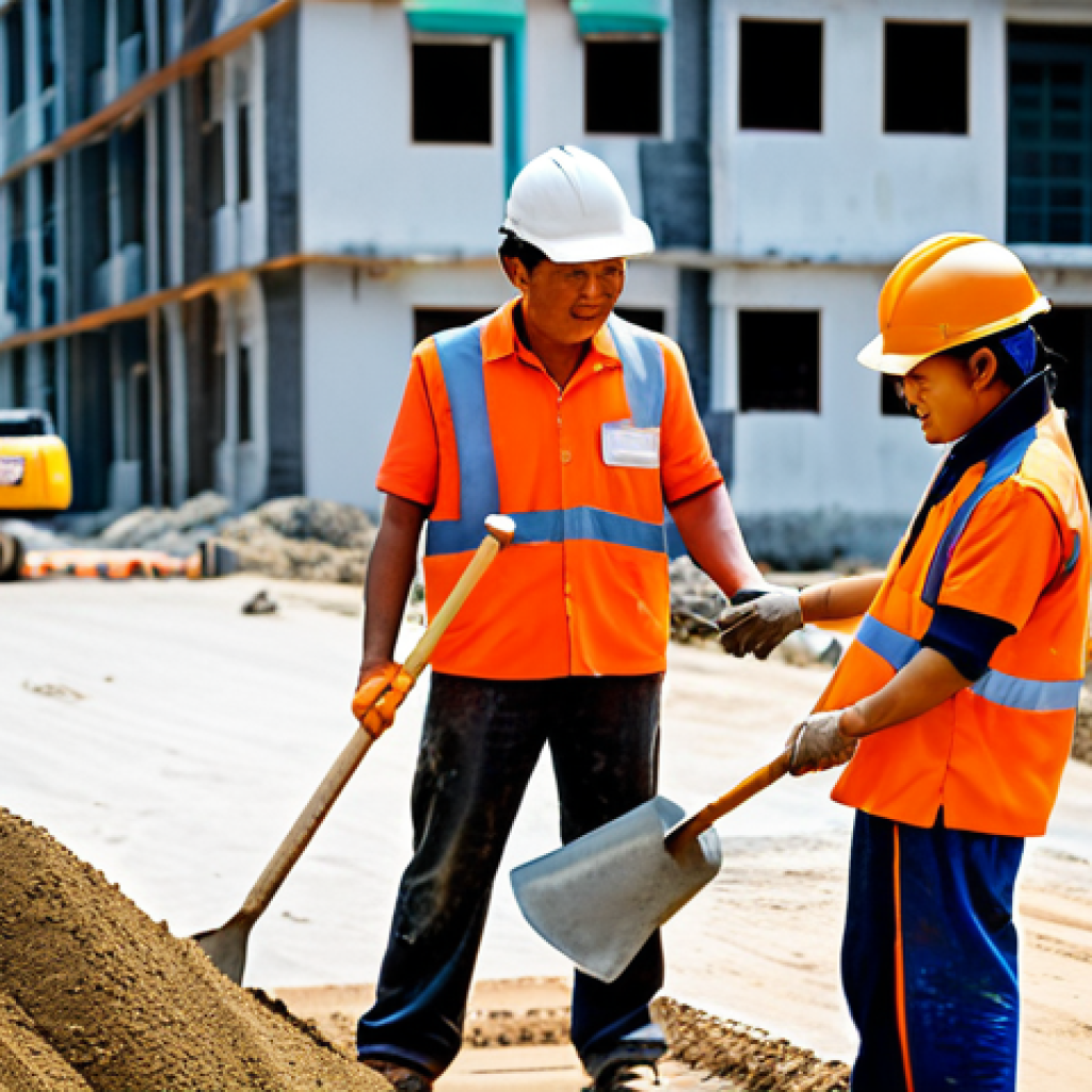 건설 현장에서의 리더십 사례 - **Construction Manager Collaboration:** "A fully clothed construction manager in appropriate attire,...