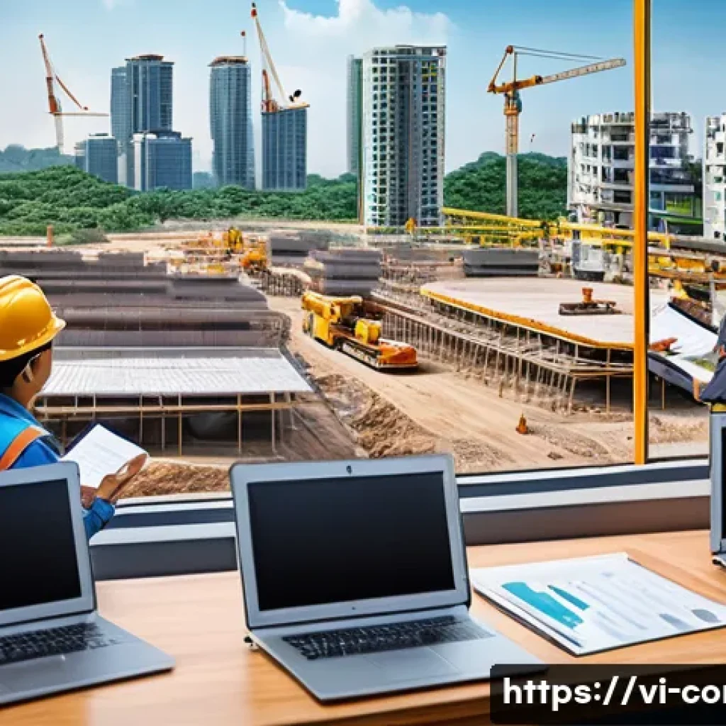 건설 현장에서의 문서 관리 노하우 - A modern Vietnamese construction site office with engineers and contractors using specialized docume...