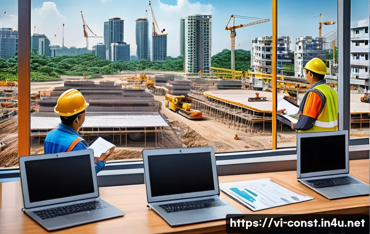 건설 현장에서의 문서 관리 노하우 - A modern Vietnamese construction site office with engineers and contractors using specialized docume...