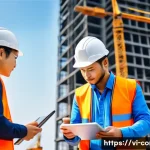 Home 22 건축 공정 관리 방법 - A detailed construction site scene in Vietnam featuring a diverse team of workers wearing safety hel...