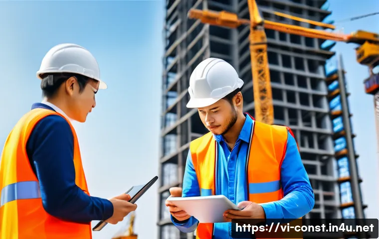 건축 공정 관리 방법 - A detailed construction site scene in Vietnam featuring a diverse team of workers wearing safety hel...