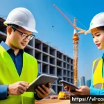 Home 21 시공 현장에서의 고객 만족 관리 - A vibrant construction site in Vietnam featuring a diverse team of workers and project managers acti...