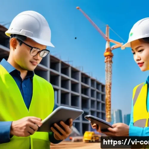 Home 33 시공 현장에서의 고객 만족 관리 - A vibrant construction site in Vietnam featuring a diverse team of workers and project managers acti...