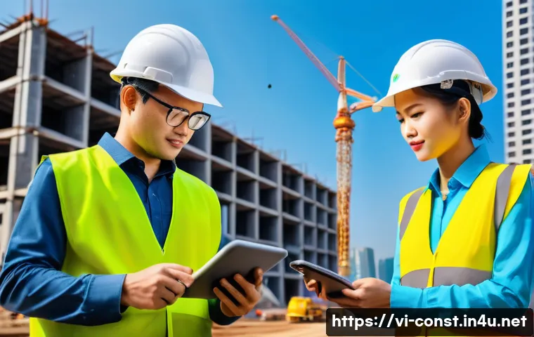 시공 현장에서의 고객 만족 관리 - A vibrant construction site in Vietnam featuring a diverse team of workers and project managers acti...