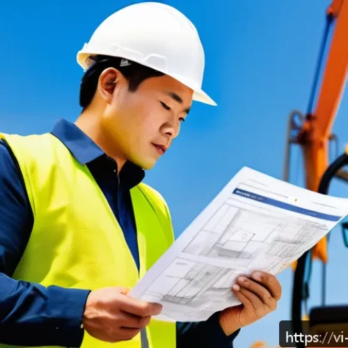 Home 32 시공 전문가 자격 취득 방법 - A professional Vietnamese construction site manager wearing a safety helmet and reflective vest, rev...