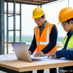 Home 23 시공 전문가를 위한 시간 관리 팁 - A busy Vietnamese construction site office scene featuring a project manager using a laptop with Pri...