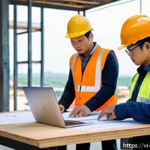 Home 17 시공 전문가를 위한 시간 관리 팁 - A busy Vietnamese construction site office scene featuring a project manager using a laptop with Pri...