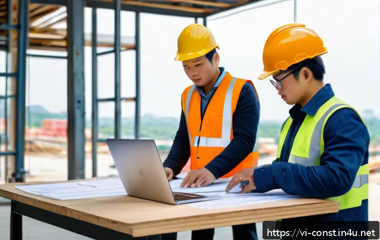 시공 전문가를 위한 시간 관리 팁 - A busy Vietnamese construction site office scene featuring a project manager using a laptop with Pri...