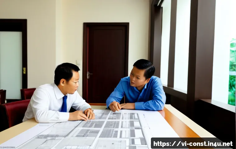 건축 시공 관련 법적 분쟁 해결 사례 - Photorealistic Vietnamese construction dispute resolution meeting, a Vietnamese homeowner, contracto...