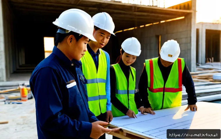 건축 시공 현장에서의 협업 문화 - Photorealistic Vietnamese construction site at sunrise, diverse team of Vietnamese engineers, safety...