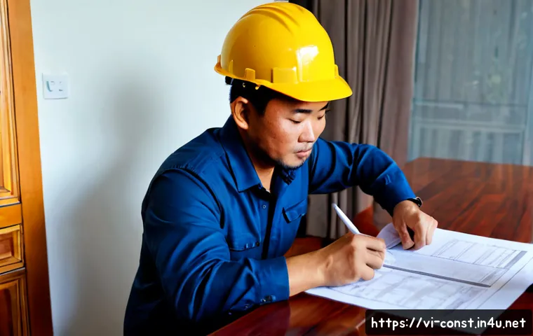 시공 전문가가 알아야 할 계약서 작성법 - Photorealistic Vietnamese construction contractor and homeowner seated across a clean wooden desk, c...